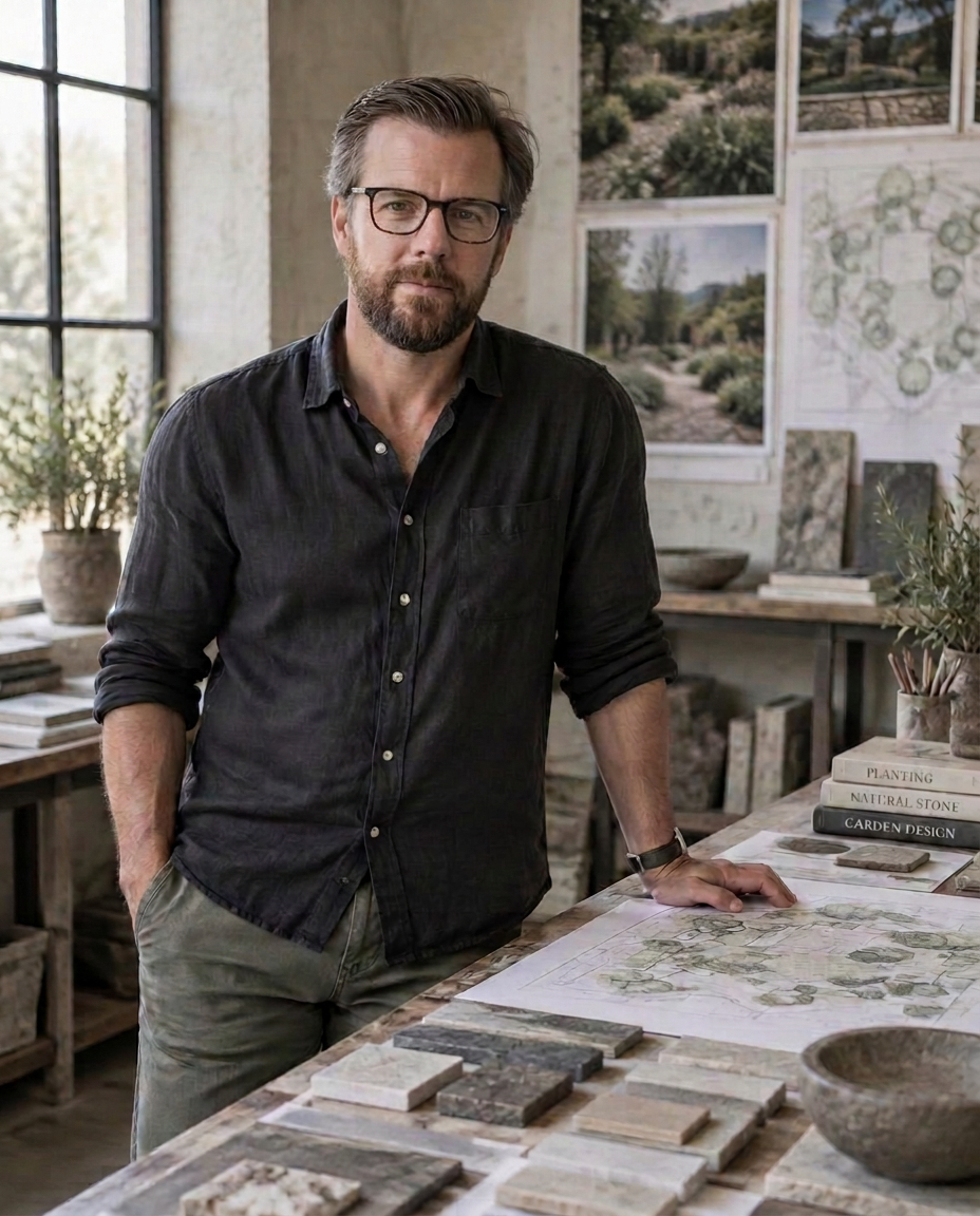 Founder of the landscape design studio beside a drawing table with garden plans and stone samples